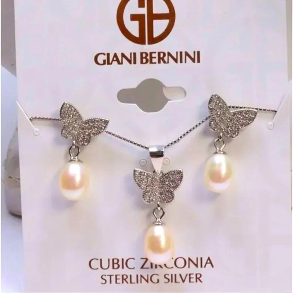 GIANI BERNINI.925 STERLING, FRESHWATER PEARL & CZ BUTTERFLY SET - Picture 1 of 1
